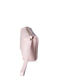 Rectangular pink leather pouch with a textured surface and gold zipper. Includes a side strap for easy carrying.