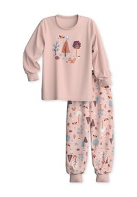 Light pink pajama set featuring a long-sleeve top with nature illustrations and pants with coordinating patterns of animals and trees.