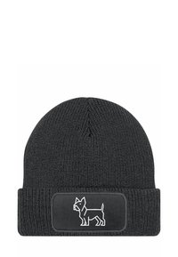 Black knit beanie with a rolled cuff. Features a rectangular patch with a white dog silhouette design. Textured fabric for warmth.