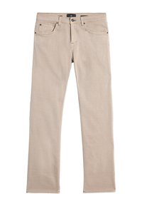Jeans in denim beige con design a gamba dritta, stile a cinque tasche e cuciture a vista; presenta una chiusura con bottone e cerniera.
