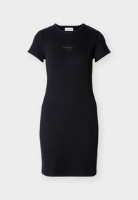 Μαύρο κοντομάνικο φόρεμα από ριμπ ύφασμα, με στρογγυλή λαιμόκοψη και μικρό λογότυπο Calvin Klein στο κέντρο.