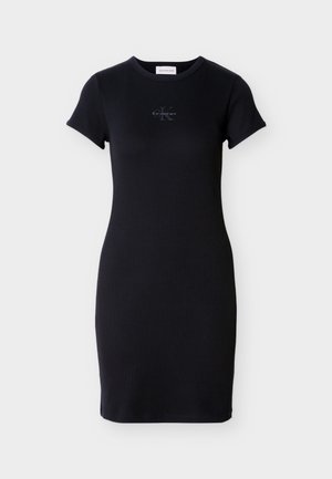 Μαύρο κοντομάνικο φόρεμα από ριμπ ύφασμα, με στρογγυλή λαιμόκοψη και μικρό λογότυπο Calvin Klein στο κέντρο.