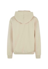 Felpa beige con cappuccio regolabile, polsini e orlo a coste. Tessuto liscio, design semplice, senza loghi o motivi visibili.