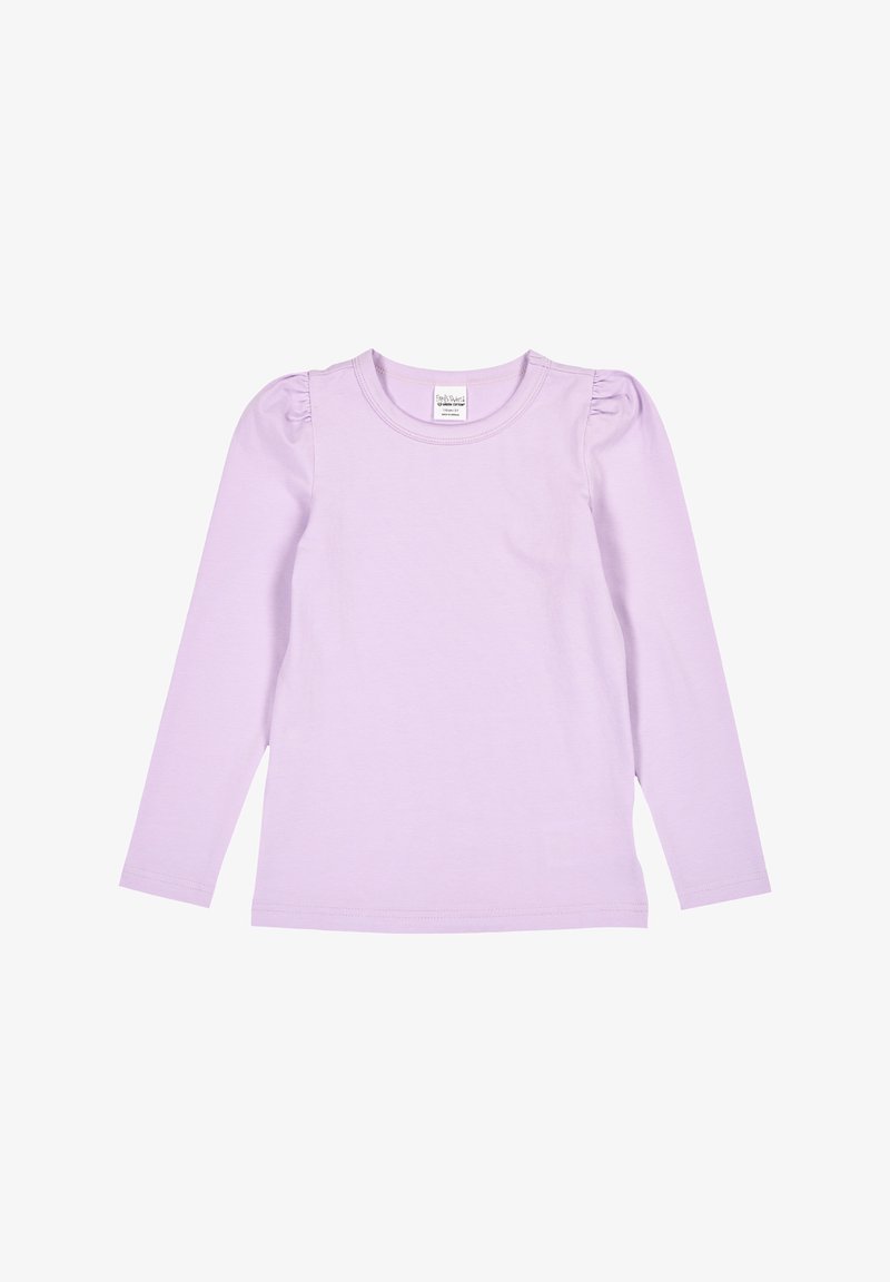 Langarmtop in licht lavendel, gemaakt van zachte katoen. Heeft lichte pofmouwen en een ronde halslijn. Eenvoudig ontwerp, zonder patronen.