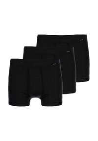 Boxer shorts neri da uomo, con una texture a coste, una vita elastica e una vestibilità aderente. Tre paia esposti in fila.