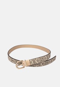 Bälte med en krämfärgad duk med svart blommönster, bruna kanter och ett spänne i guldfärgad metall. Platt design, lätt textur.