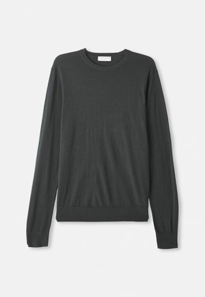 Dark gray long-sleeve knit sweater with a round neckline, fitted cuffs, and a ribbed hem. Smooth texture with no visible patterns or embellishments.