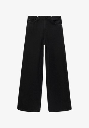 Schwarz weit geschnittene Jeans aus Denim. Mit Reißverschluss, fünf Taschen und silberfarbener Hardware. Schlichtes Design, ohne Muster oder Akzente.