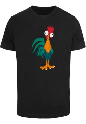 T-shirt noir arborant un design de coq en dessin animé coloré avec des traits exagérés et de grands yeux, présentant des accents orange, vert et rouge.