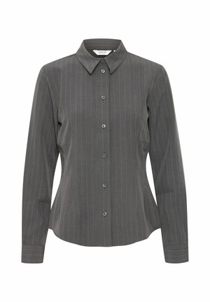 Camicia grigia a maniche lunghe con colletto, dotata di righe verticali bianche, chiusura frontale con bottoni e design aderente. Tessuto morbido al tatto.