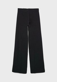 Pantalon noir à taille haute et jambes larges, avec passants pour ceinture, une fermeture éclair à l'avant et un devant plat, sur un fond clair uni.