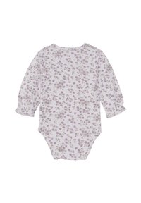 Langärmeliger Bodysuit aus leicht lila Stoff mit floralem Muster. Mit Rüschensäumen und Rundhalsausschnitt. Weiches, leichtes Material.