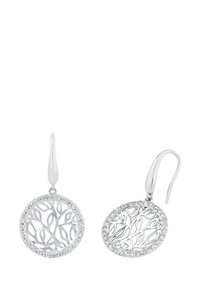 Orecchini a goccia in argento con motivi di foglie circolari e traforati, incorniciati da piccole pietre scintillanti, dotati di ganci curvi per orecchie forate.
