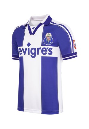 Maglietta da calcio a righe blu e bianche con il crest del FC Porto sul lato sinistro del petto e il logo dello sponsor "Revigrés" sulla parte anteriore.