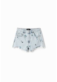 Shorts di denim azzurro chiaro con orlo sfrangiato, palme ricamate e ananas. Quattro tasche e chiusura con bottone.