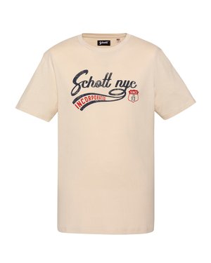 Beige kortærmet t-shirt med "Schott nyc Incorporated" og "Since 1913" trykt i sort og rød på brystet.