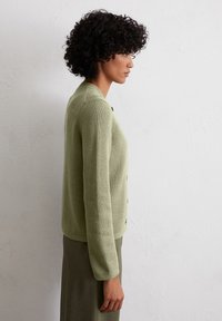 Hellgrüner gestrickter Cardigan mit Rundhalsausschnitt, langen Ärmeln und Knopfdetails, kombiniert mit einem passenden langen Rock.