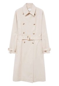 Beige trenchcoat met een dubbele knoopsluiting, een ceintuur in de taille en lange mouwen met verstelbare manchetten. Gladde stofstructuur.