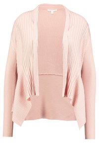 Helles rosa, geripptes Strickcardigan mit offener Vorderseite, langen Ärmeln und einer lockeren, drapierten Passform.