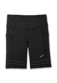 Shorts de sport noirs en tissu extensible, dotés de deux poches latérales et d'un motif à pois près de l'ourlet. Logo sur le côté inférieur.