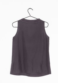 Sleeveless, dark gray blouse with a smooth, slightly shiny texture. Round neckline and curved hem. Hangs from a black coat hanger.