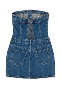 Denim korzetový top se strukturovaným korzetem, elastickým nařasením ve středu a upnutou mini sukní, která má dvě zadní kapsy.