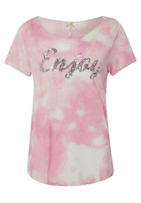 Kortärmad, rosa tie-dye T-shirt med silverpaljetterad text "Enjoy" över framsidan. Mjuk tyg med rundad halsringning och avslappnad passform.
