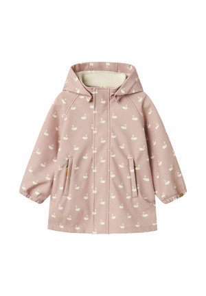 Veste imperméable rose avec capuche, présentant un motif de cygne blanc, des poignets élastiques et deux poches avant. Doublure intérieure douce.