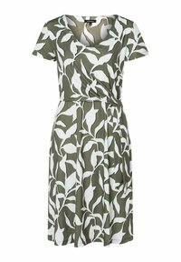 Wickelkleid in Olivgrün mit weißem Blattmuster, kurzen Ärmeln, V-Ausschnitt und Bindegürtel in der Taille. Weicher, glatter Stoff.
