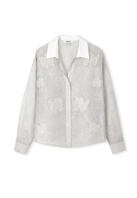 Gestreepte shirt in lichtgrijs met witte bloemenborduursels. Kenmerken zijn een witte kraag en manchetten, knoopsluiting en lange mouwen.