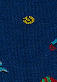 Knit fabric with a dark blue background featuring colorful graphic patterns, including yellow smiley faces and various small designs.