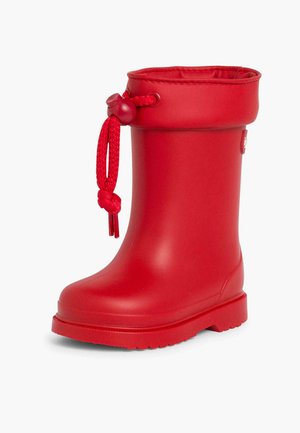 Stivale da pioggia rosso in gomma con punta rotonda, suola texture e corda regolabile nella parte superiore. Superficie liscia e gambale alto per stile e funzionalità.