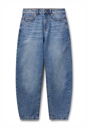 Jeans in denim blu con vita alta, vestibilità a gamba dritta, cinque tasche e cuciture a contrasto. Il tessuto mostra una texture consumata e leggermente sbiadita.