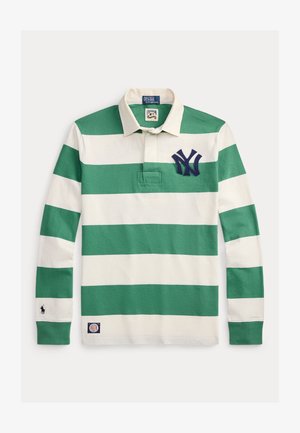 Rohelise ja valge triibuline pika varrukaga polo-särk, puuvillane kangas, vasakul rinnal tumesinine NY logo ja varrukal väike logo.
