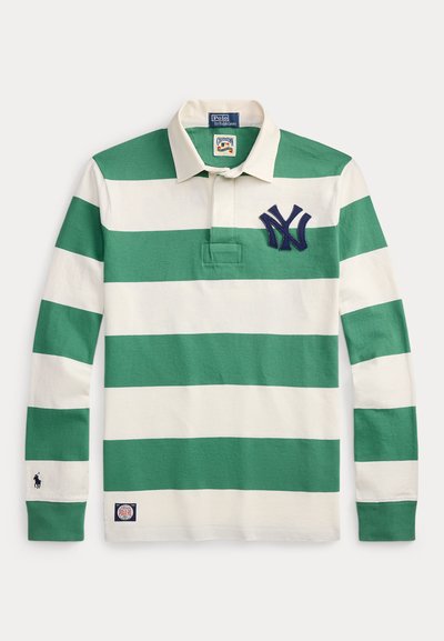 Rohelise ja valge triibuline pika varrukaga polo-särk, puuvillane kangas, vasakul rinnal tumesinine NY logo ja varrukal väike logo.