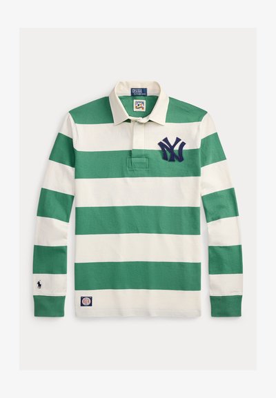 Rohelise ja valge triibuline pika varrukaga polo-särk, puuvillane kangas, vasakul rinnal tumesinine NY logo ja varrukal väike logo.