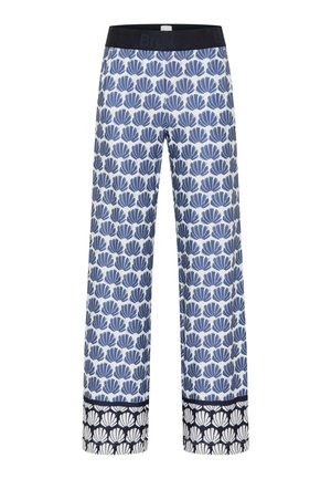 Pantaloni bianchi con motivi di conchiglie blu, fascia in vita nera e polsini neri con motivi di conchiglie bianche.