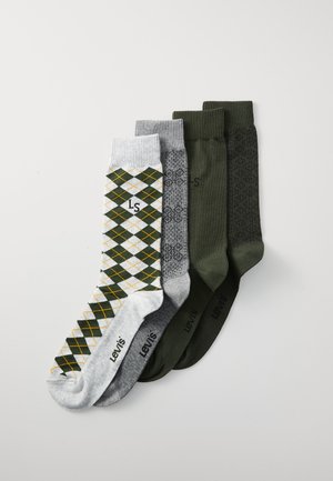 Four pairs of Levi's socks: one patterned in gray, green, and yellow, three solid in dark gray and green with subtle textures.
