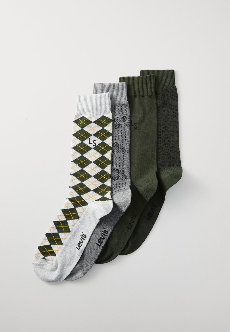 Four pairs of Levi's socks: one patterned in gray, green, and yellow, three solid in dark gray and green with subtle textures.