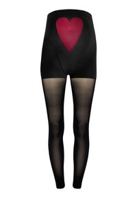 Collant neri con fascia opaca in vita e gambe trasparenti; presenta una grande grafica a forma di cuore rosso sul retro. Texture liscia e design aderente.
