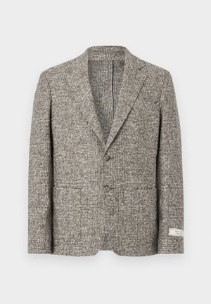 Wool blazer in a textured brown plaid pattern. Features a notch lapel, two front pockets, and two buttons. Label on the left sleeve.