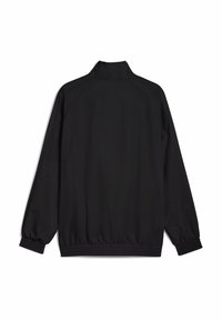Chaqueta negra con cuello alto, mangas largas y puños elásticos, vista desde atrás sobre un fondo blanco.