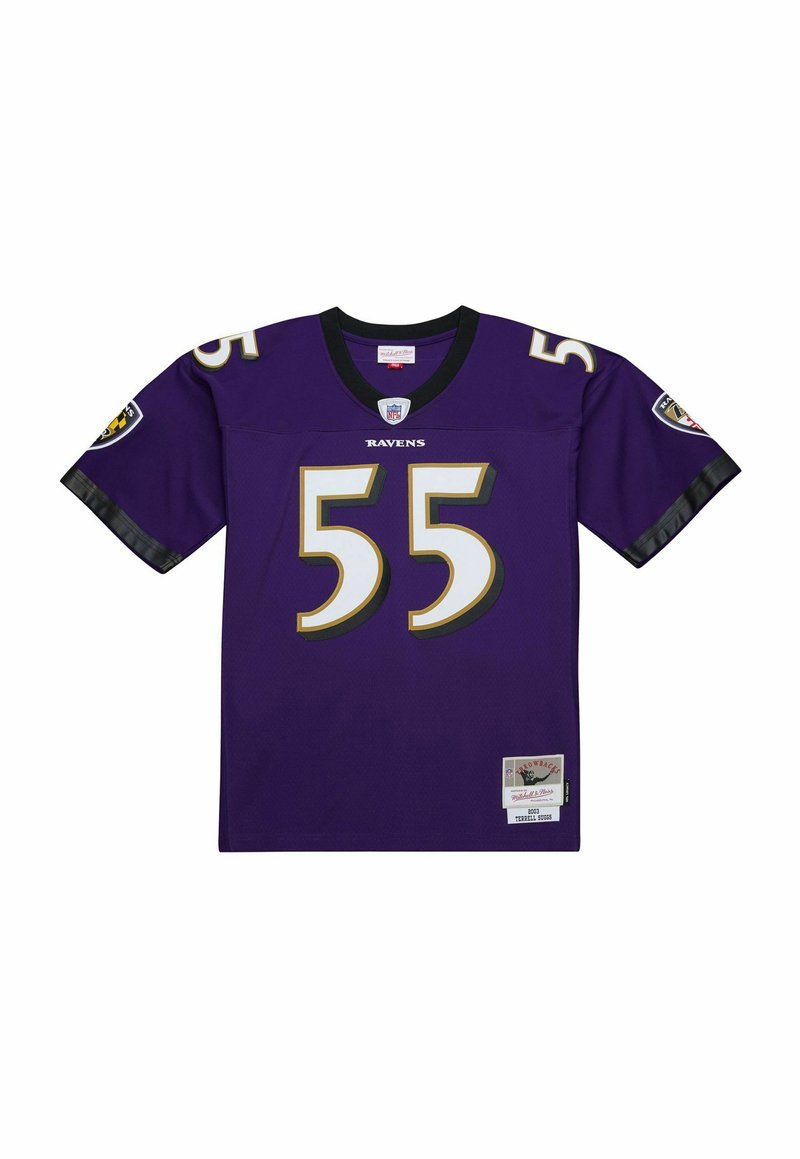 Lila Fußballtrikot der Baltimore Ravens mit der Nummer 55, NFL-Logo am Kragen und Team-Patches auf beiden Ärmeln.