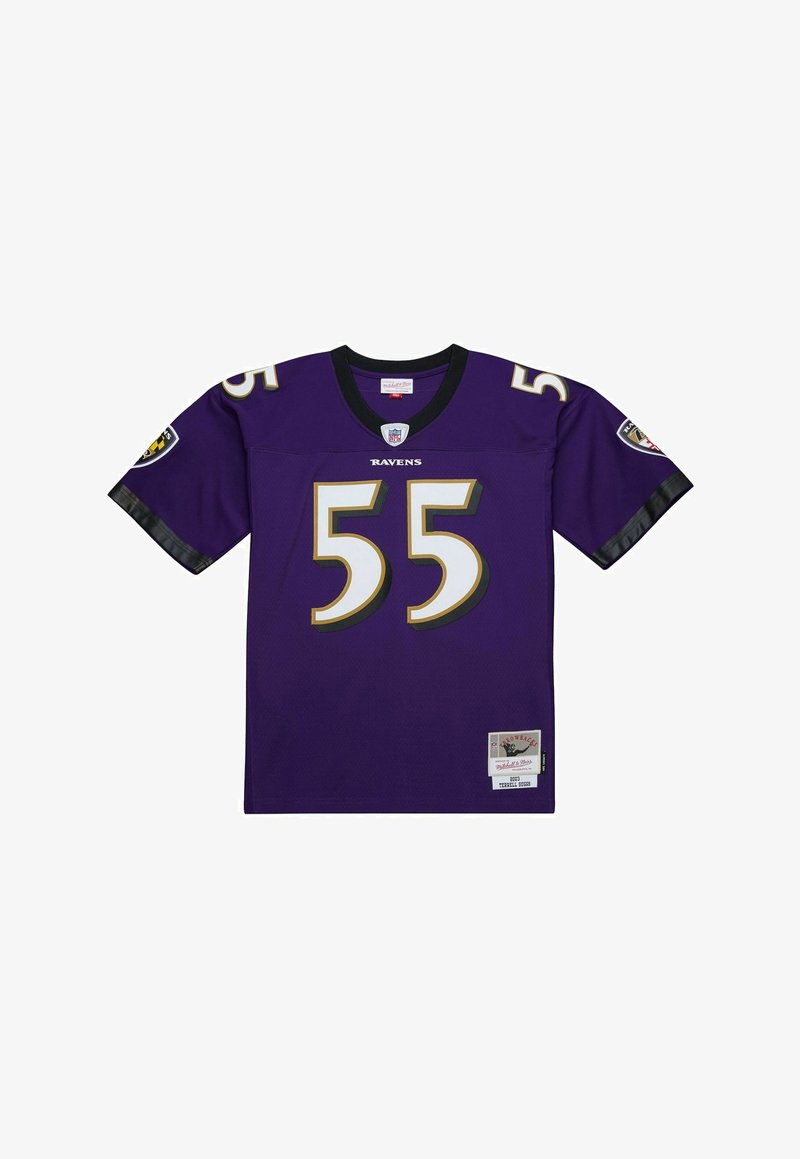 Lila Fußballtrikot der Baltimore Ravens mit der Nummer 55, NFL-Logo am Kragen und Team-Patches auf beiden Ärmeln.