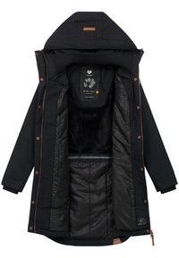 Zwarte waterproof parka met bontvoering, bronzen rits en drukknoopsluitingen. Voorzien van een binnenvoering met patroon en een verstelbare capuchon.