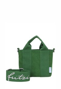 Bolso tote verde con dos asas cortas y una correa desmontable. Fabricado en tejido texturizado, con un logo en la correa. Diseño compacto.