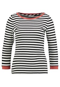 Camicia a maniche lunghe a strisce bianche e nere con scollatura e polsini color corallo. Il tessuto appare liscio con strisce uniformi.
