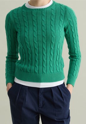 Persona que lleva un suéter verde de punto trenzado sobre una camisa blanca y pantalones azul marino plisados, con las manos en los bolsillos, frente a un fondo neutro.