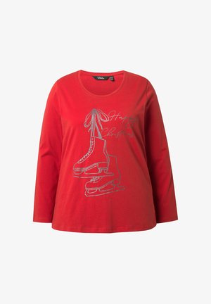 Rotes Langarm-T-Shirt aus Baumwolle mit einem Grafikdruck von Schlittschuhen und dem Text "Frohe Weihnachten" in Silber. Rundhalsausschnitt.