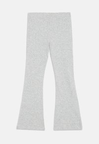Grå, utvidede leggings laget av mykt stoff. Har et elastisk liv og en glatt tekstur uten synlige mønstre eller dekorasjoner.